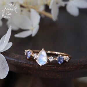 Japanese Tsutsum Inspired Moonstone Tanzanite Teardrop Ring