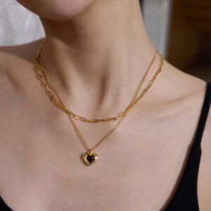 European & American Retro Black Agate Heart Double – Layer Necklace | Luxe Elegant Collarbone Chain