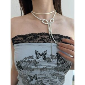 Elegant Bow Pearl Choker Necklace Double Layer Ribbon Design