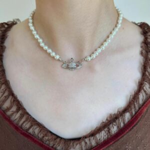 Vintage Saturn Zircon & Pearl Choker Necklace for Timeless Elegance