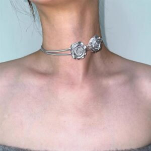 Silver Rose Layered Choker Necklace