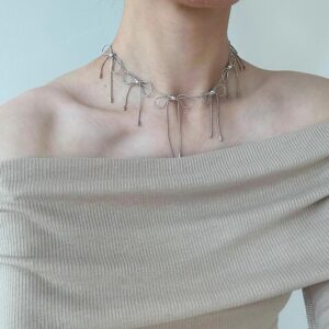 Silver Ballet Bow Necklace with Tassel Accents | Timeless & Chic
